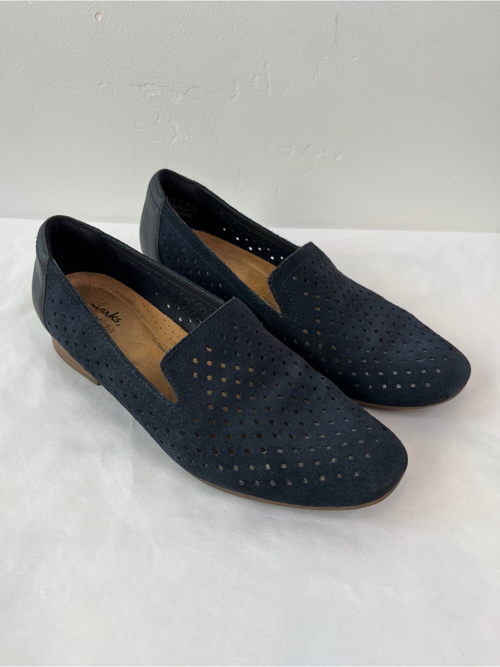 Clarks Juliet Hayes Navy Suede Perforated Loafers Comfort Shoes Womens 7.5 M
